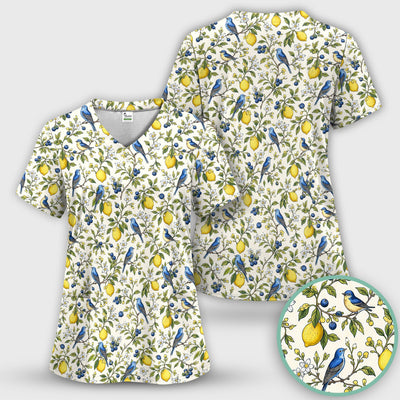 Bluebird Lemon Blossom Pattern Scrub Top, Comfortable Scrubs for Nurses