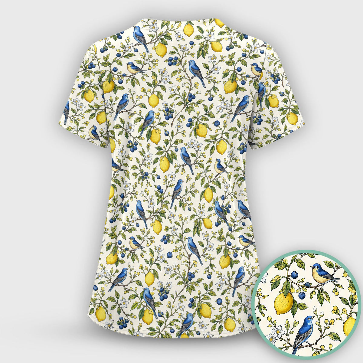 Bluebird Lemon Blossom Pattern Scrub Top, Comfortable Scrubs for Nurses