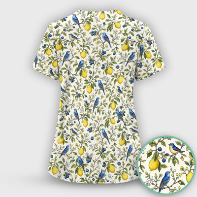 Bluebird Lemon Blossom Pattern Scrub Top, Comfortable Scrubs for Nurses