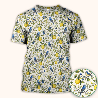 Bluebird Lemon Blossom Pattern Scrub Top, Comfortable Scrubs for Nurses