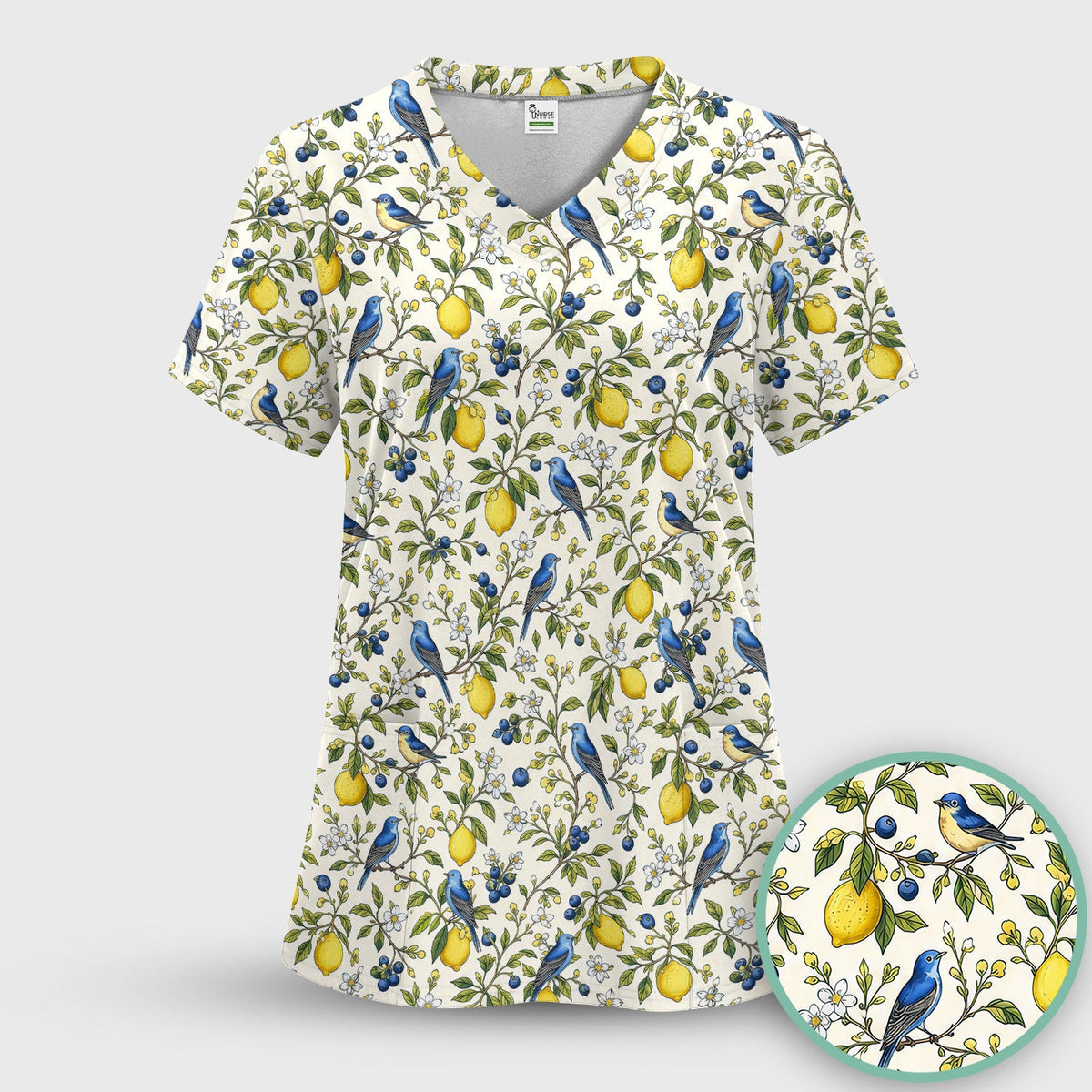 Bluebird Lemon Blossom Pattern Scrub Top, Comfortable Scrubs for Nurses