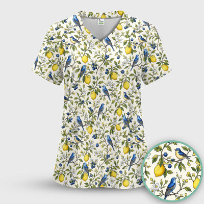 Bluebird Lemon Blossom Pattern Scrub Top, Comfortable Scrubs for Nurses