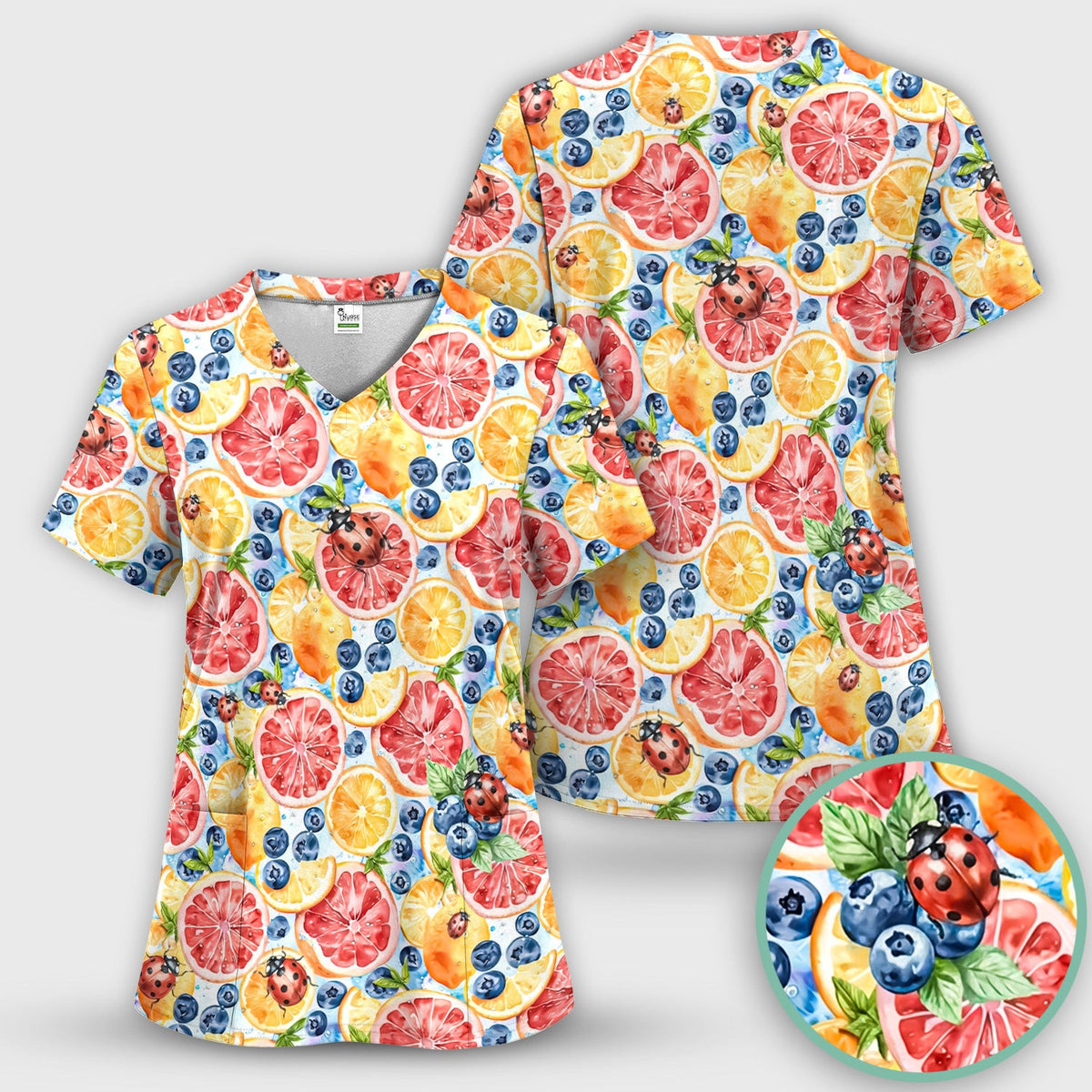 Cute Citrus Berry Ladybug Pattern Scrub Top, Comfortable Scrubs for Nurses