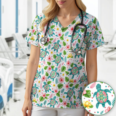 Tropical Sea Turtle Floral Pattern Scrub Top, Comfortable Scrubs for Nurses