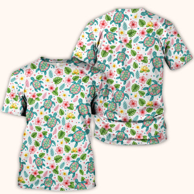 Tropical Sea Turtle Floral Pattern Scrub Top, Comfortable Scrubs for Nurses
