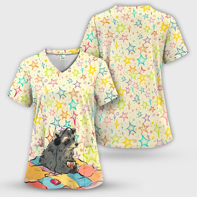 Chill Raccoon Starry Music Pattern Scrub Top, Comfortable Scrubs for Nurses