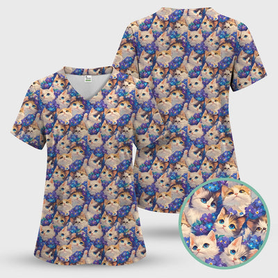 Cute Blue Eyed Kitten Pattern Scrub Top, Comfortable Scrubs for Nurses