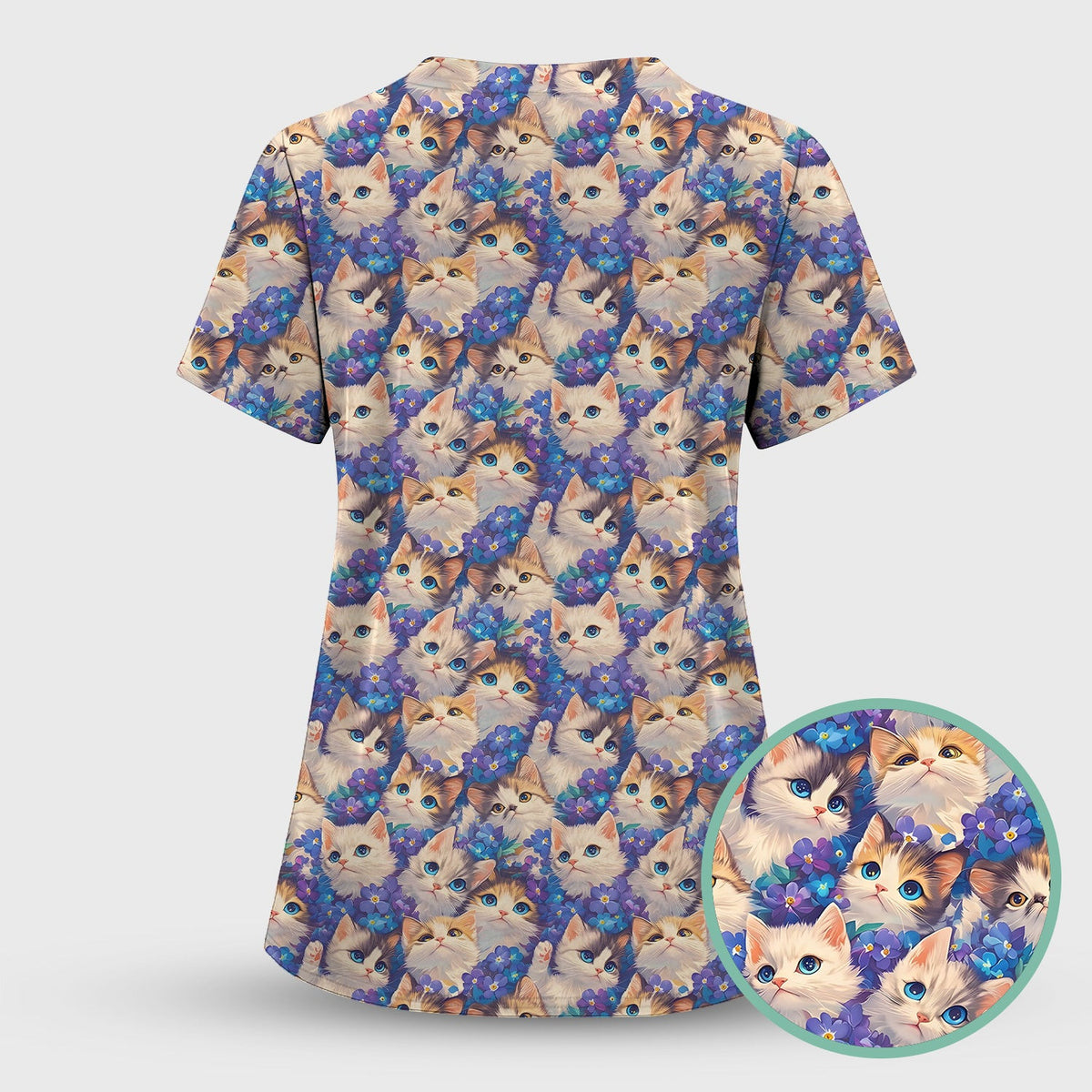 Cute Blue Eyed Kitten Pattern Scrub Top, Comfortable Scrubs for Nurses