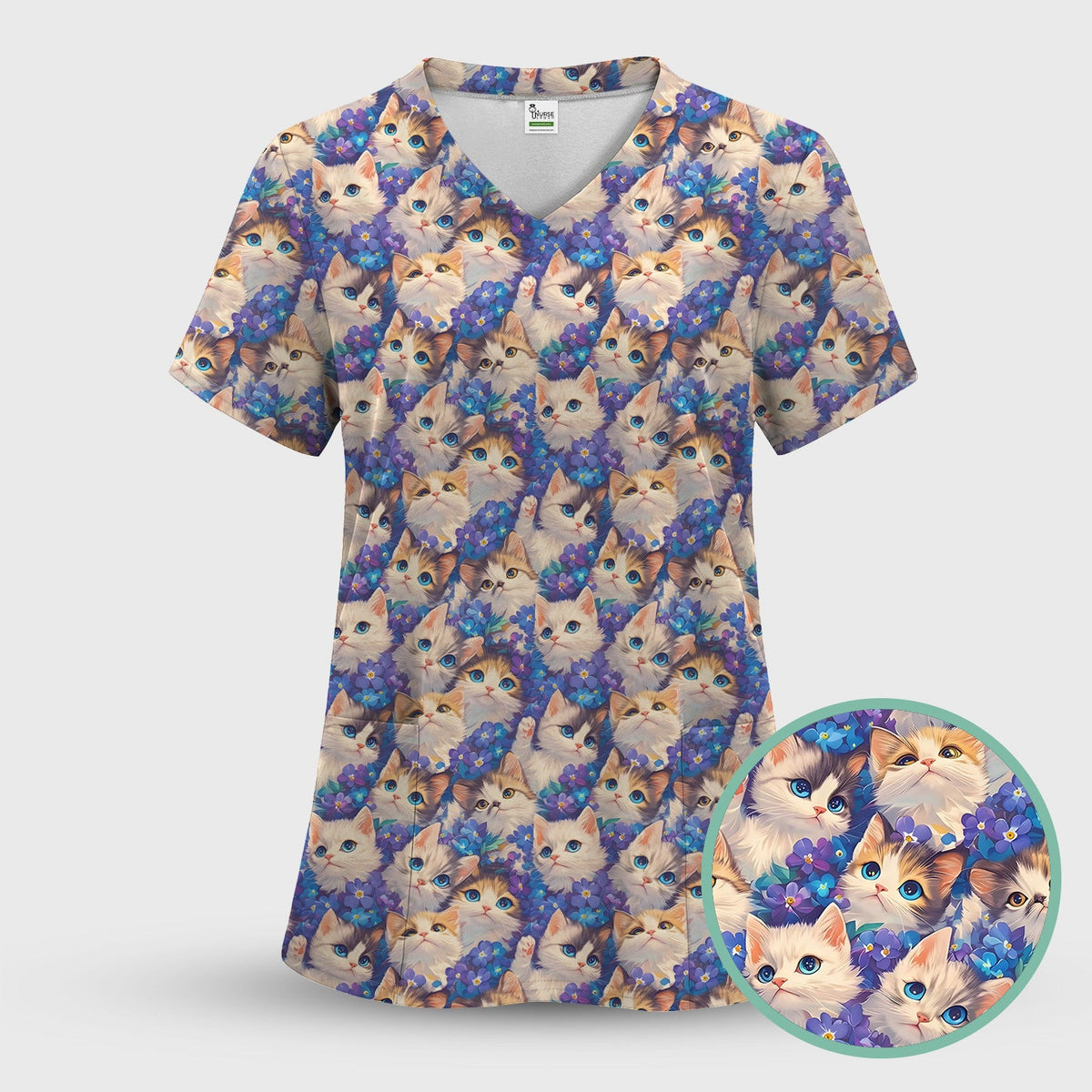 Cute Blue Eyed Kitten Pattern Scrub Top, Comfortable Scrubs for Nurses