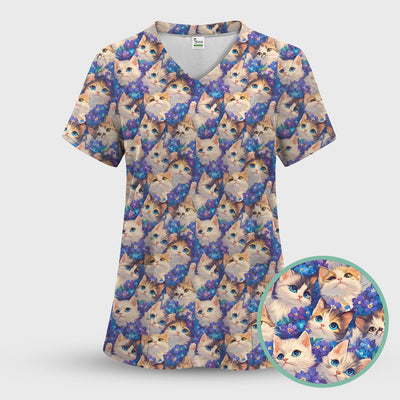 Cute Blue Eyed Kitten Pattern Scrub Top, Comfortable Scrubs for Nurses