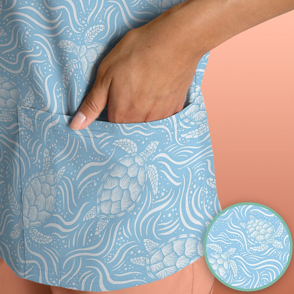 Cute Ocean Sea Turtle Waves Pattern Scrub Top, Comfortable Scrubs for Nurses