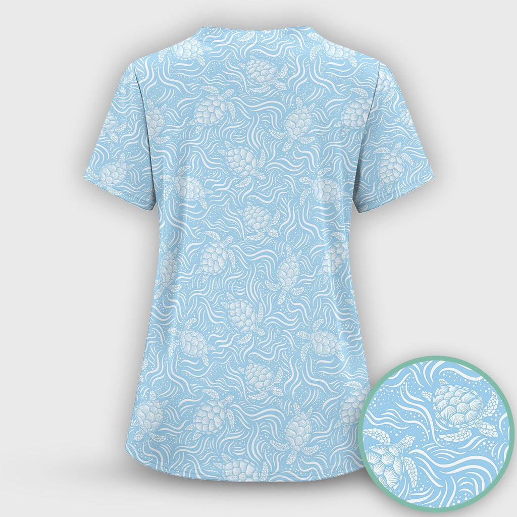 Cute Ocean Sea Turtle Waves Pattern Scrub Top, Comfortable Scrubs for Nurses