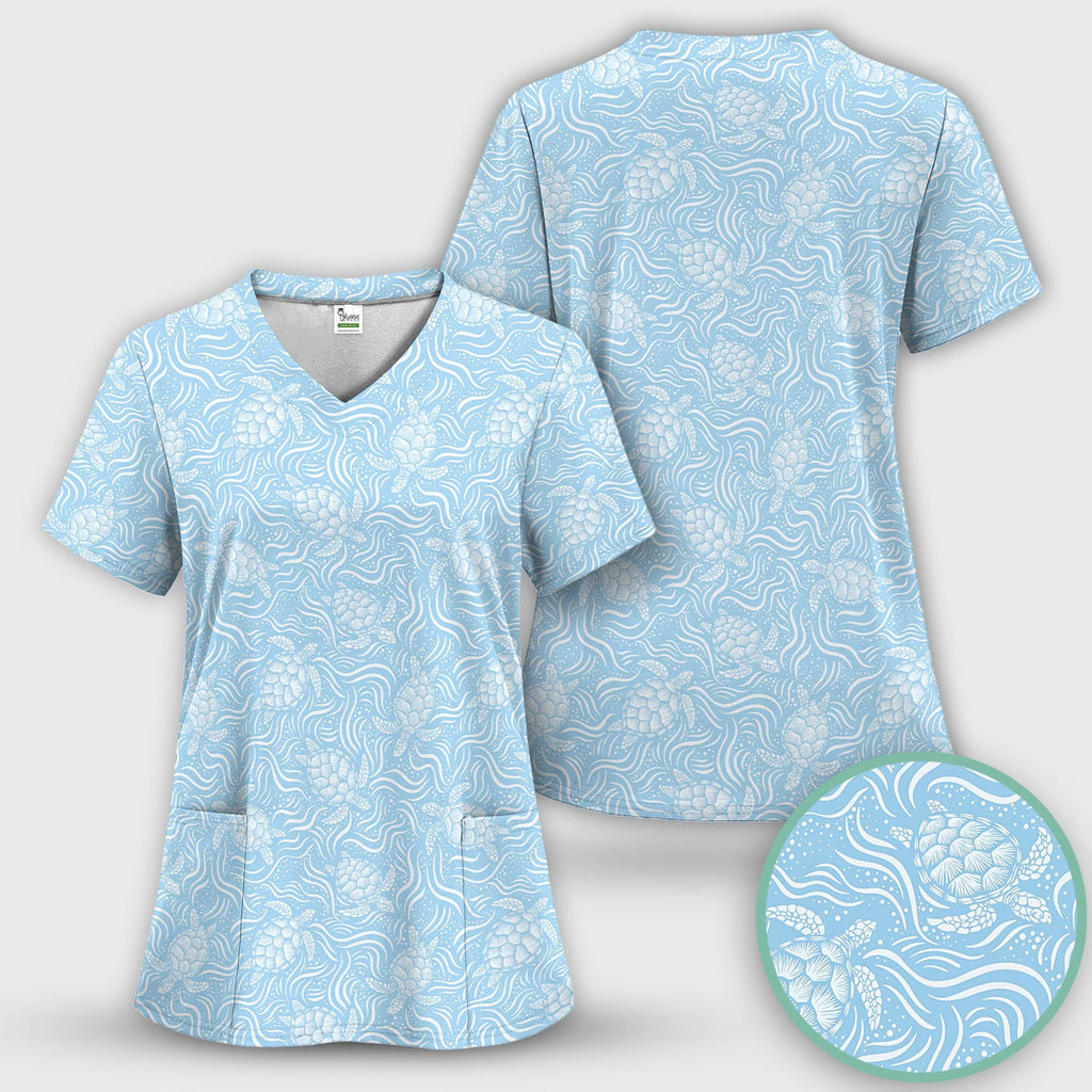 Cute Ocean Sea Turtle Waves Pattern Scrub Top, Comfortable Scrubs for Nurses