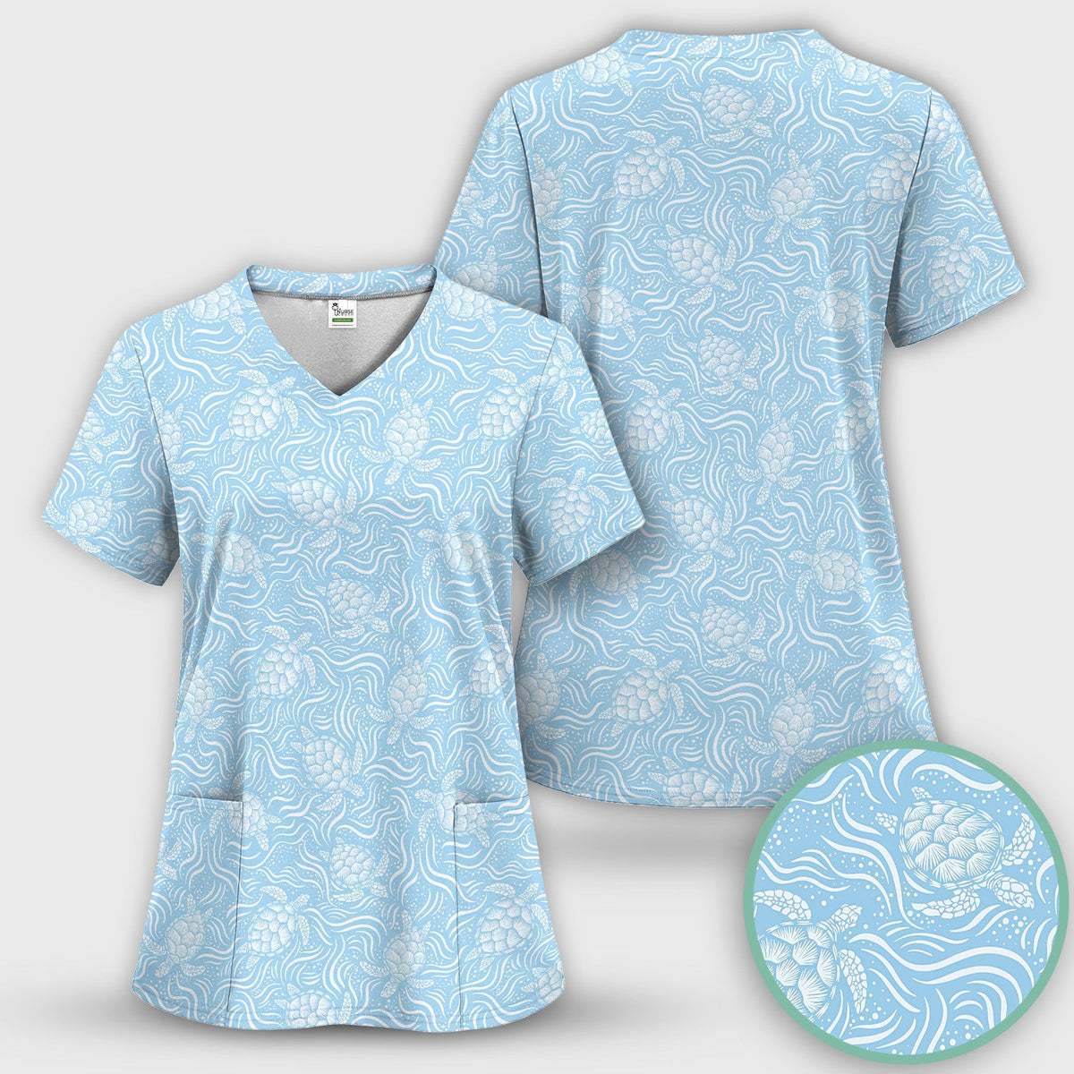 Cute Ocean Sea Turtle Waves Pattern Scrub Top, Comfortable Scrubs for Nurses