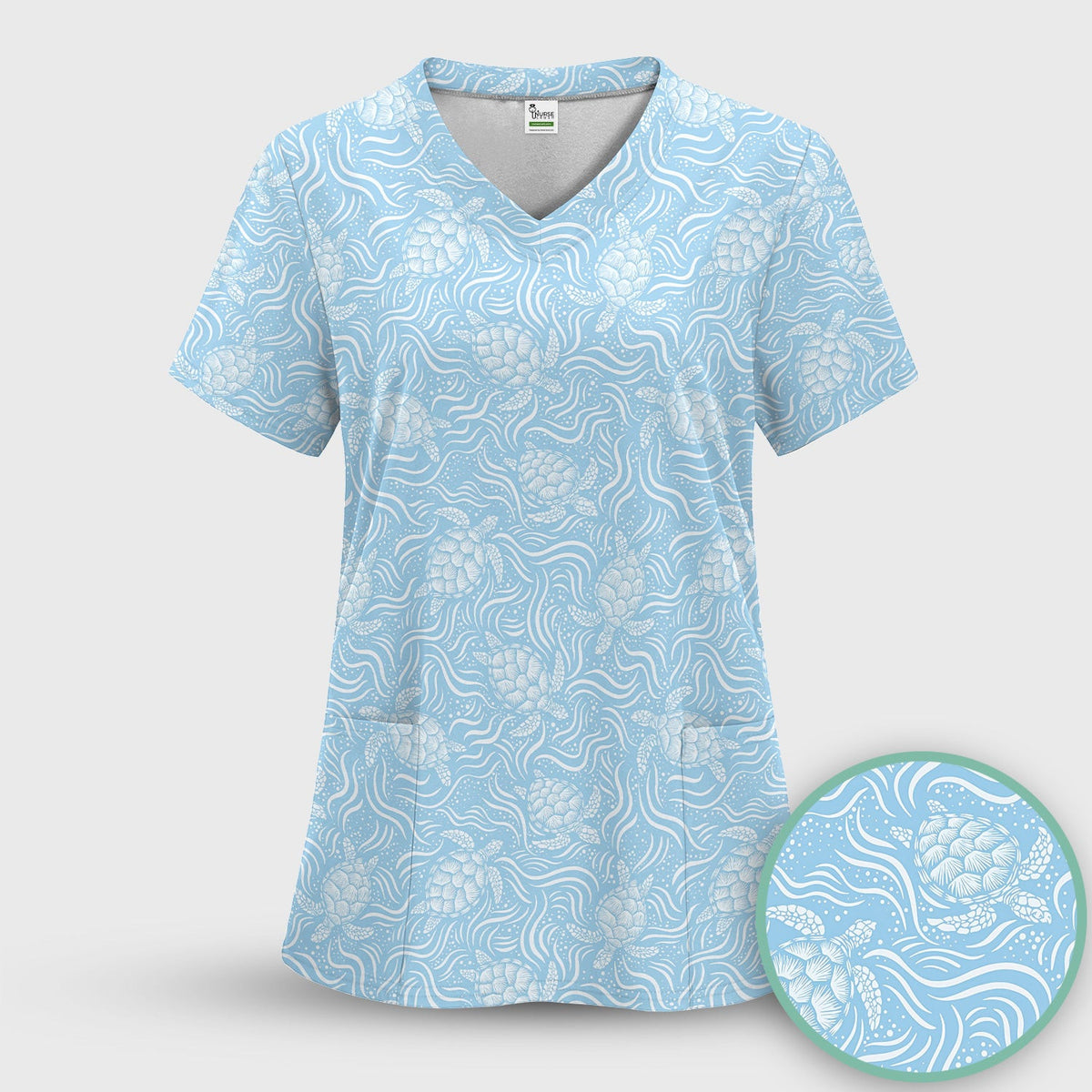Cute Ocean Sea Turtle Waves Pattern Scrub Top, Comfortable Scrubs for Nurses
