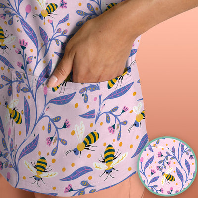 Cute Bumble Bee Floral Pattern Scrub Top, Comfortable Scrubs for Nurses