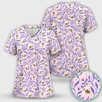 Cute Bumble Bee Floral Pattern Scrub Top, Comfortable Scrubs for Nurses