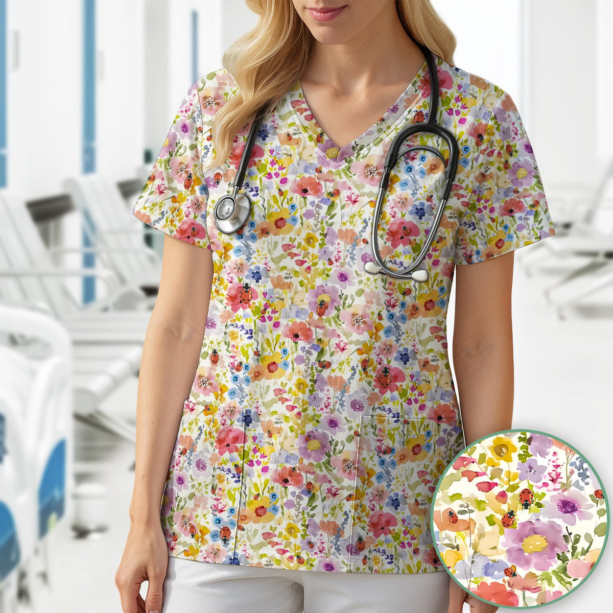 Cute Wildflower Ladybug Garden Pattern Scrub Top, Comfortable Scrubs for Nurses