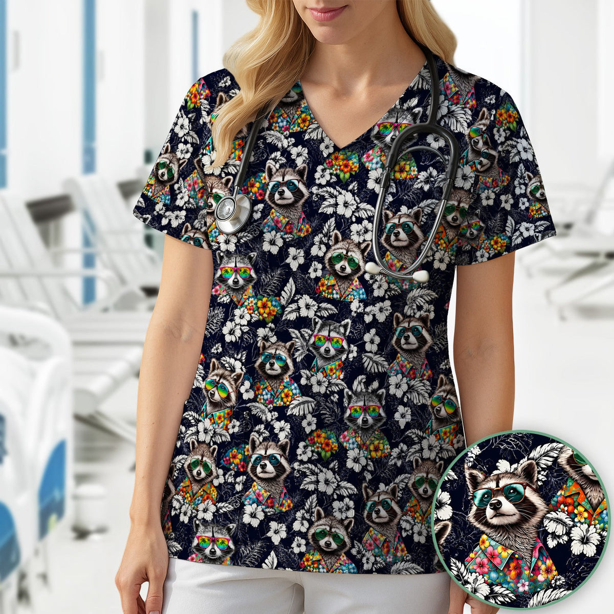 Tropical Raccoon Floral Pattern Scrub Top, Comfortable Scrubs for Nurses