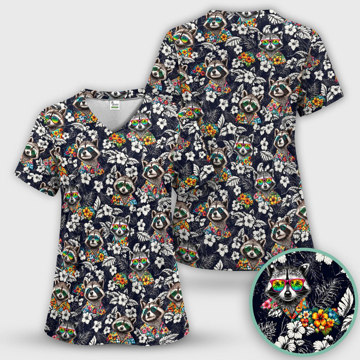 Tropical Raccoon Floral Pattern Scrub Top, Comfortable Scrubs for Nurses