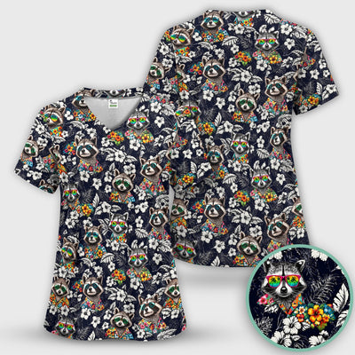 Tropical Raccoon Floral Pattern Scrub Top, Comfortable Scrubs for Nurses