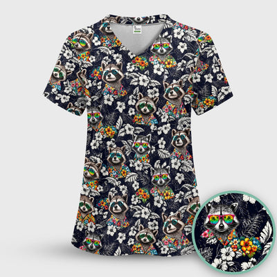 Tropical Raccoon Floral Pattern Scrub Top, Comfortable Scrubs for Nurses