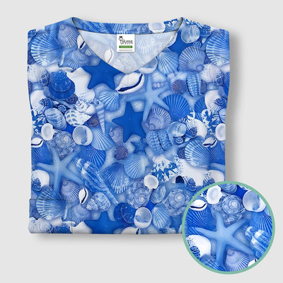 Blue Seashell Starfish Ocean Pattern Scrub Top, Comfortable Scrubs for Nurses