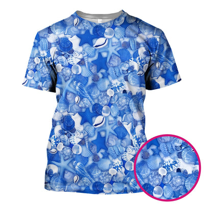 Blue Seashell Starfish Ocean Pattern Scrub Top, Comfortable Scrubs for Nurses