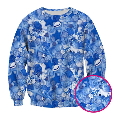 Blue Seashell Starfish Ocean Pattern Scrub Top, Comfortable Scrubs for Nurses