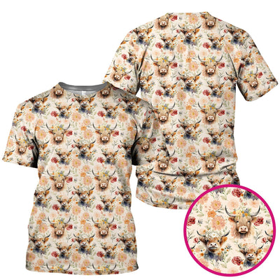 Cute Highland Cow Floral Pattern Scrub Top, Comfortable Scrubs for Nurses