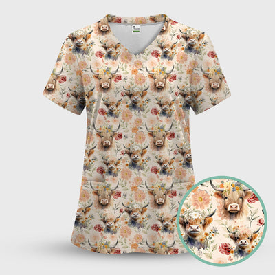 Cute Highland Cow Floral Pattern Scrub Top, Comfortable Scrubs for Nurses