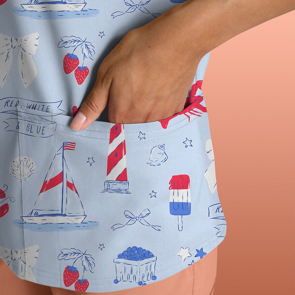 Lobster Lighthouse Sailboat Pattern Scrub Top, Comfortable Scrubs for Nurses