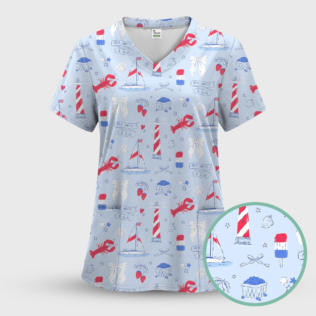 Lobster Lighthouse Sailboat Pattern Scrub Top, Comfortable Scrubs for Nurses