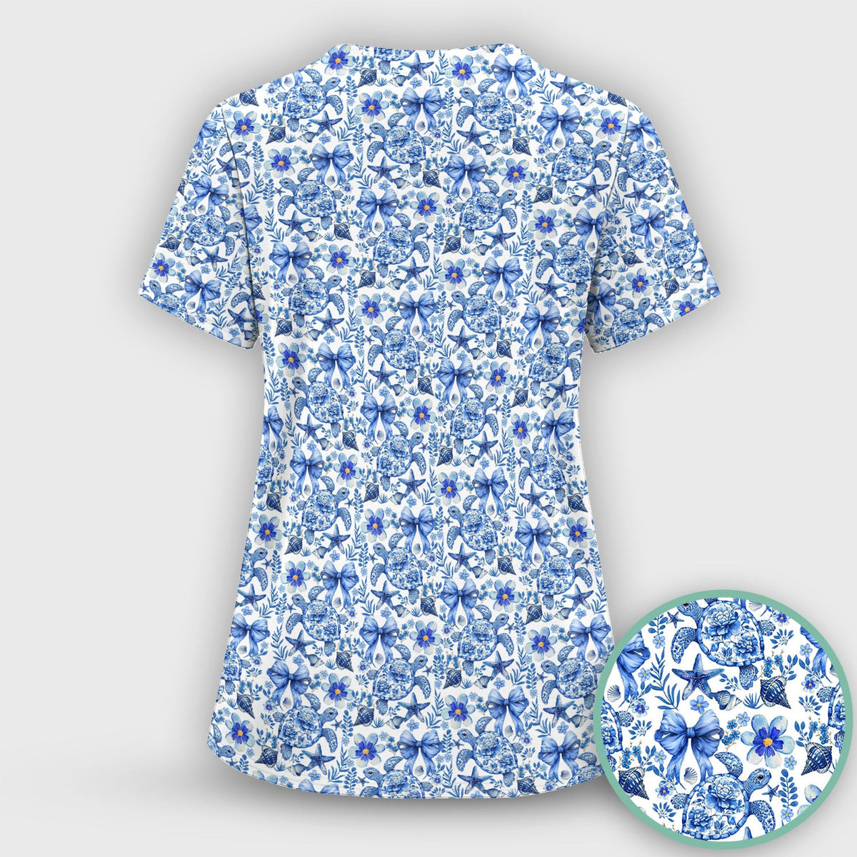 Cute Coastal Turtle Bow Pattern Scrub Top, Comfortable Scrubs for Nurses