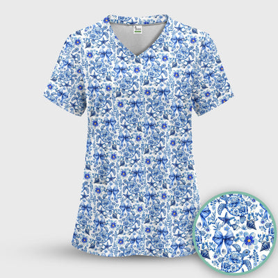 Cute Coastal Turtle Bow Pattern Scrub Top, Comfortable Scrubs for Nurses