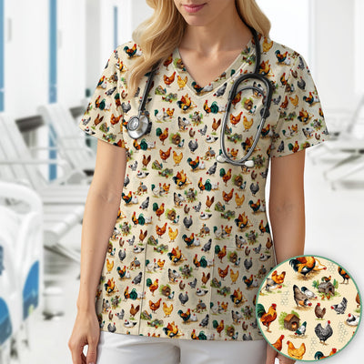 Farm Chicken Rooster Coop Pattern Scrub Top, Comfortable Scrubs for Nurses