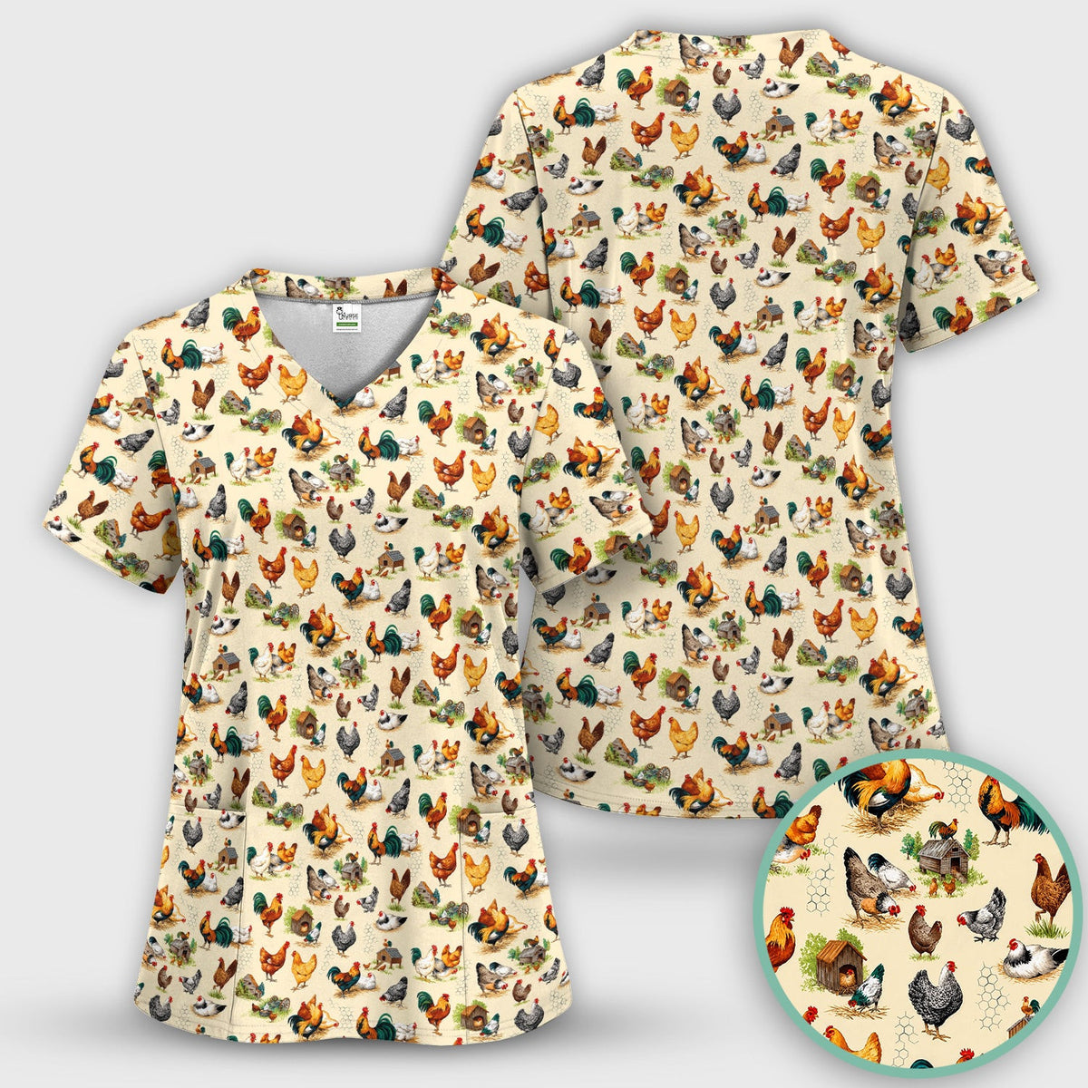 Farm Chicken Rooster Coop Pattern Scrub Top, Comfortable Scrubs for Nurses