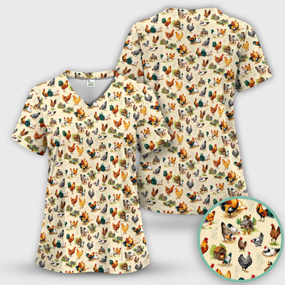 Farm Chicken Rooster Coop Pattern Scrub Top, Comfortable Scrubs for Nurses
