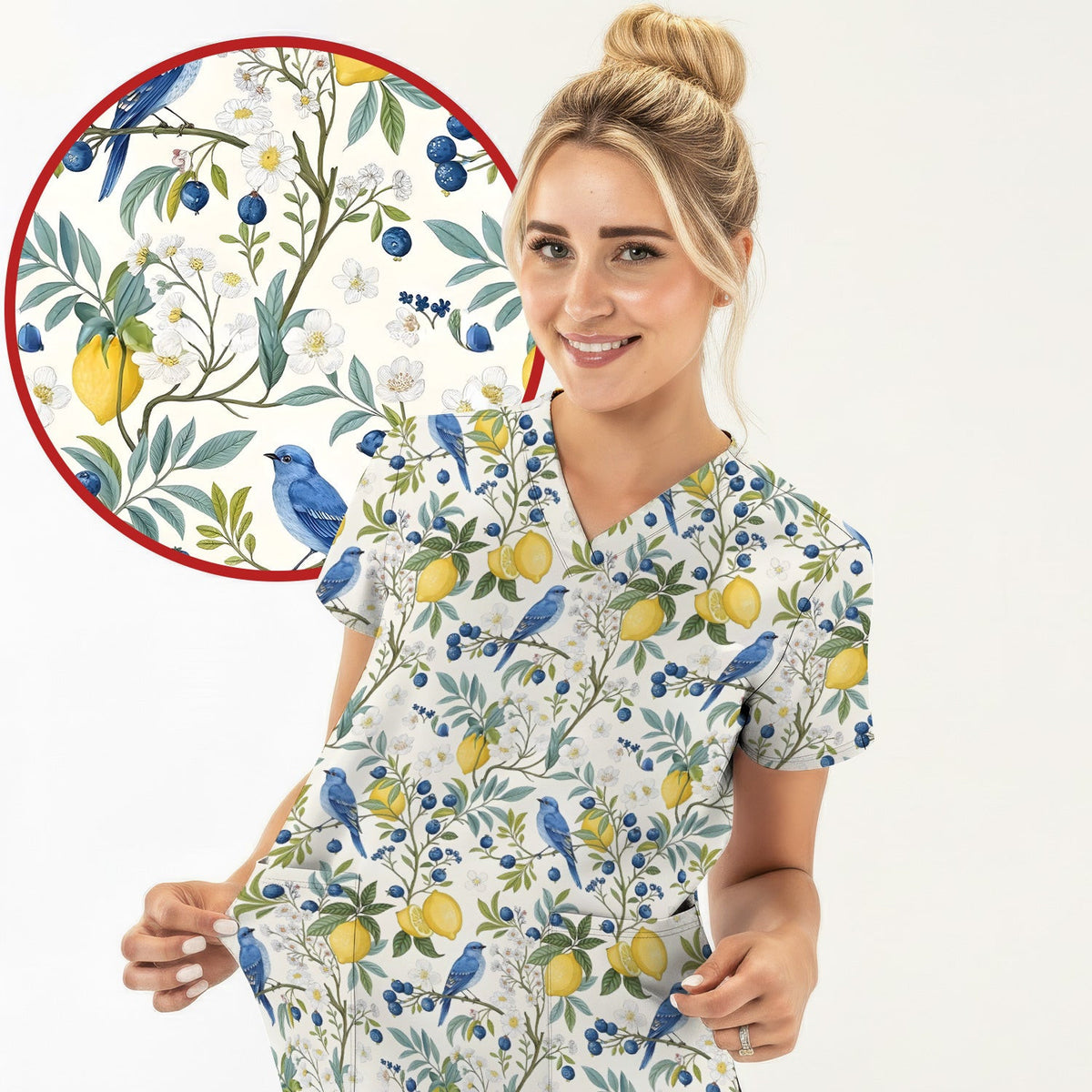 Cute Bluebird Lemon Berry Pattern Scrub Top, Comfortable Scrubs for Nurses