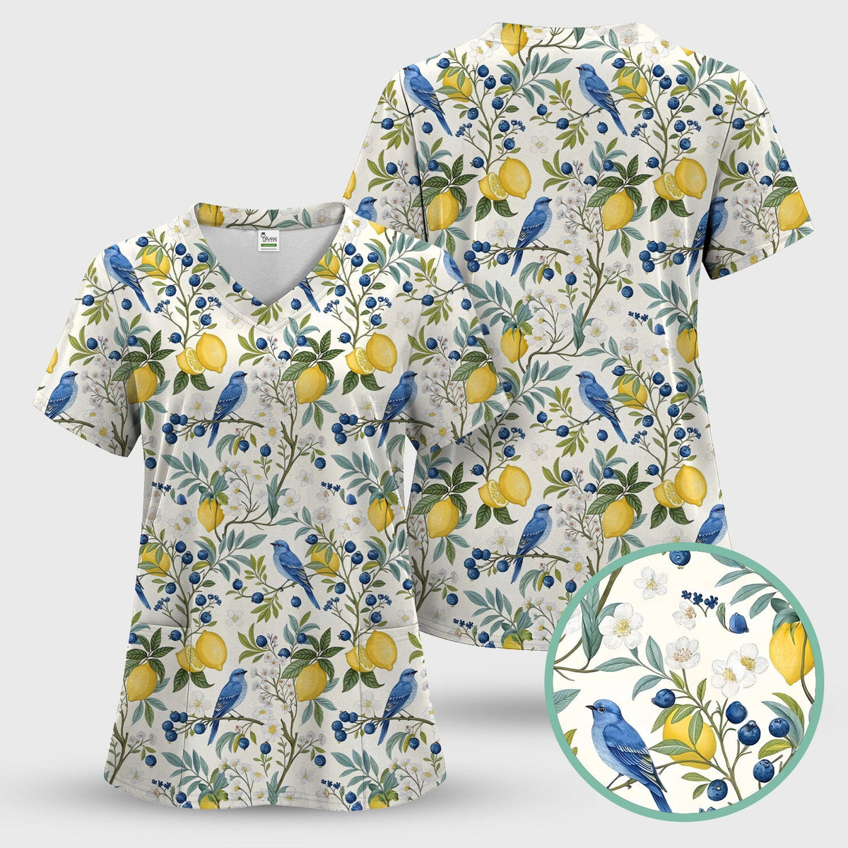 Cute Bluebird Lemon Berry Pattern Scrub Top, Comfortable Scrubs for Nurses