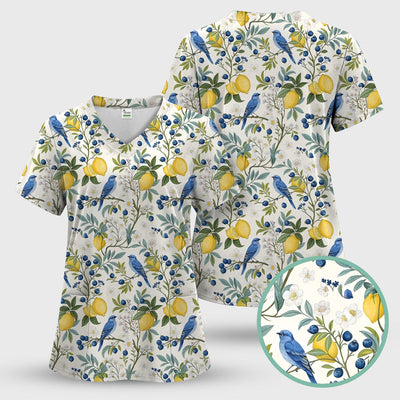Cute Bluebird Lemon Berry Pattern Scrub Top, Comfortable Scrubs for Nurses