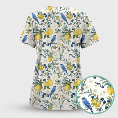 Cute Bluebird Lemon Berry Pattern Scrub Top, Comfortable Scrubs for Nurses