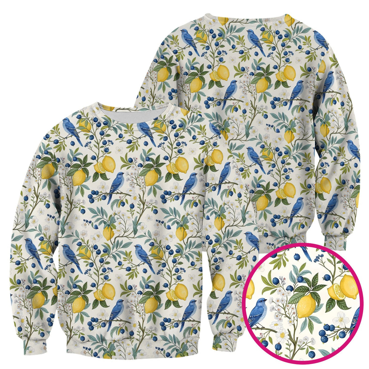 Cute Bluebird Lemon Berry Pattern Scrub Top, Comfortable Scrubs for Nurses