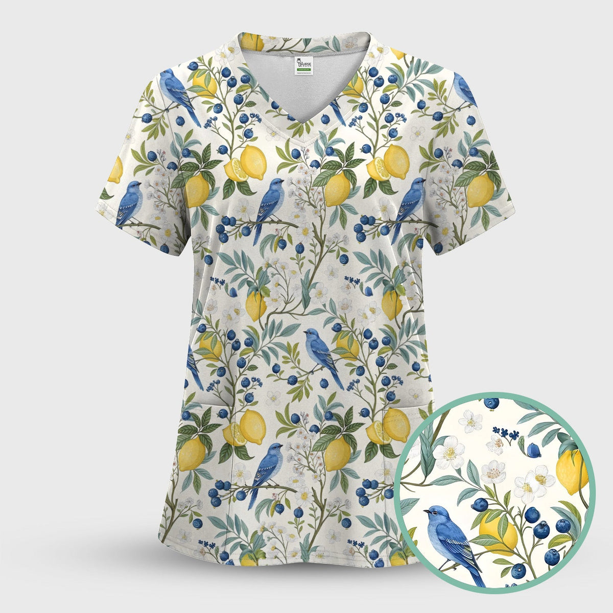 Cute Bluebird Lemon Berry Pattern Scrub Top, Comfortable Scrubs for Nurses