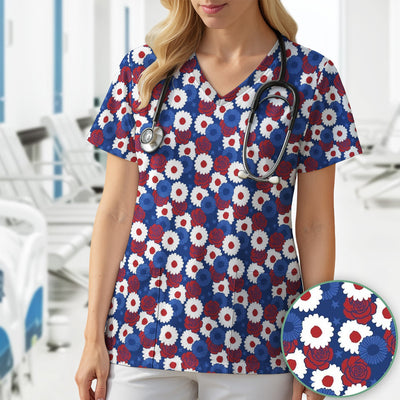 Daisy Rose Floral Pattern Scrub Top, Comfortable Scrubs for Nurses