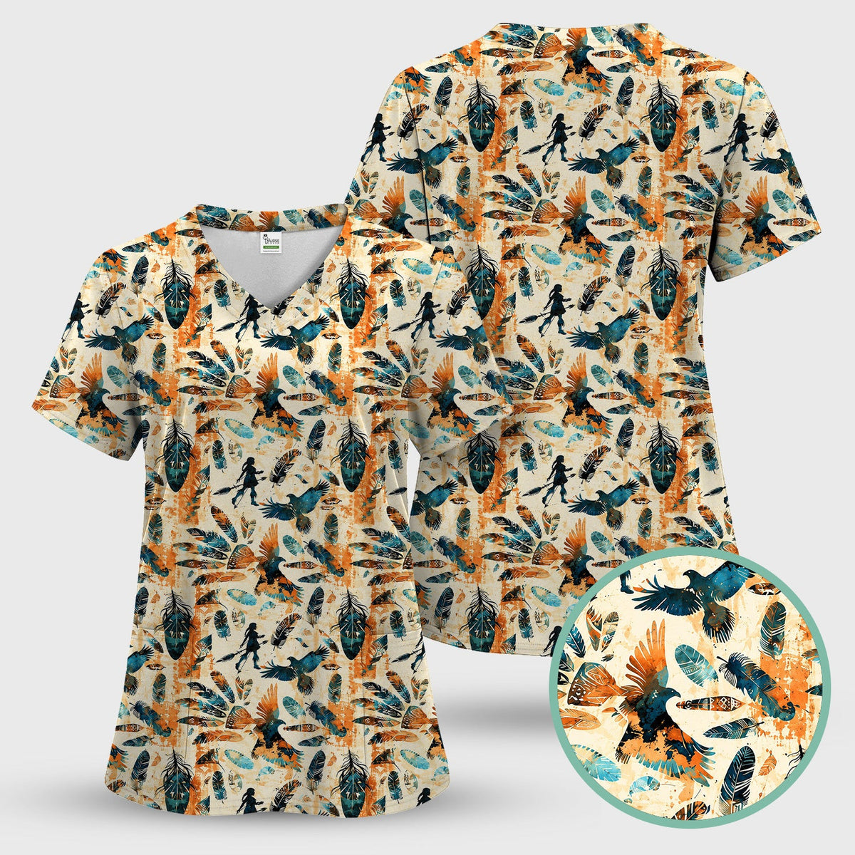 Feather Birds Tribal Print Scrub Top, Comfortable Scrubs for Nurses