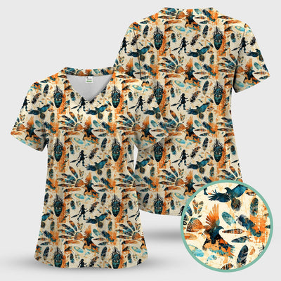 Feather Birds Tribal Print Scrub Top, Comfortable Scrubs for Nurses