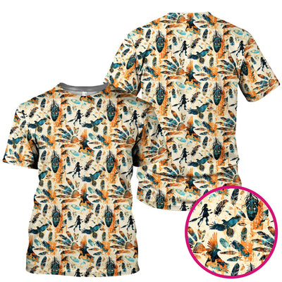 Feather Birds Tribal Print Scrub Top, Comfortable Scrubs for Nurses