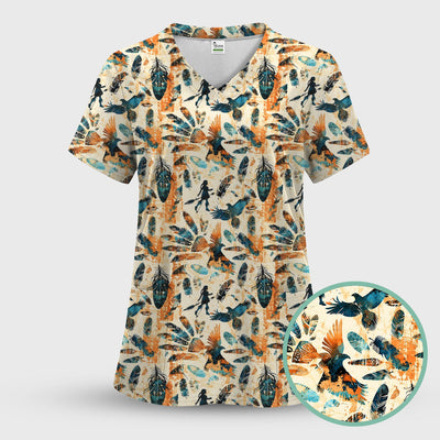 Feather Birds Tribal Print Scrub Top, Comfortable Scrubs for Nurses