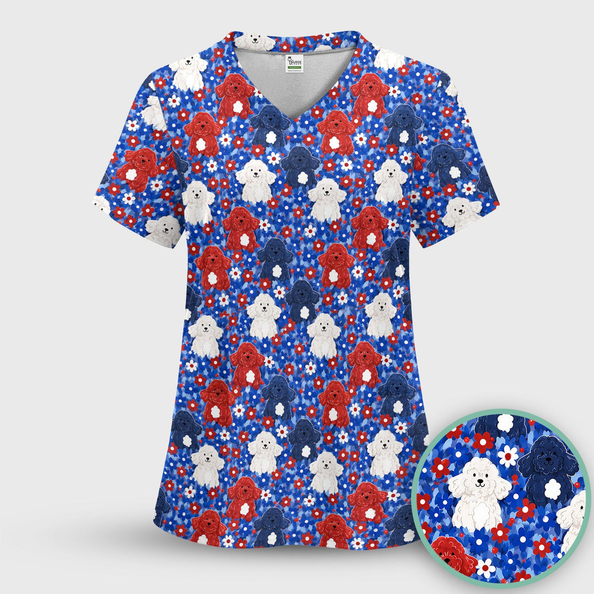 Cute Poodle Floral Garden Print Scrub Top, Comfortable Scrubs for Nurses